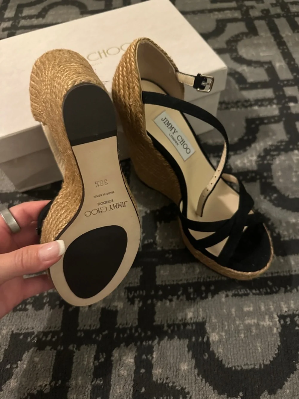 Jimmy Choo Black Suede Espadrille Wedge Sandals